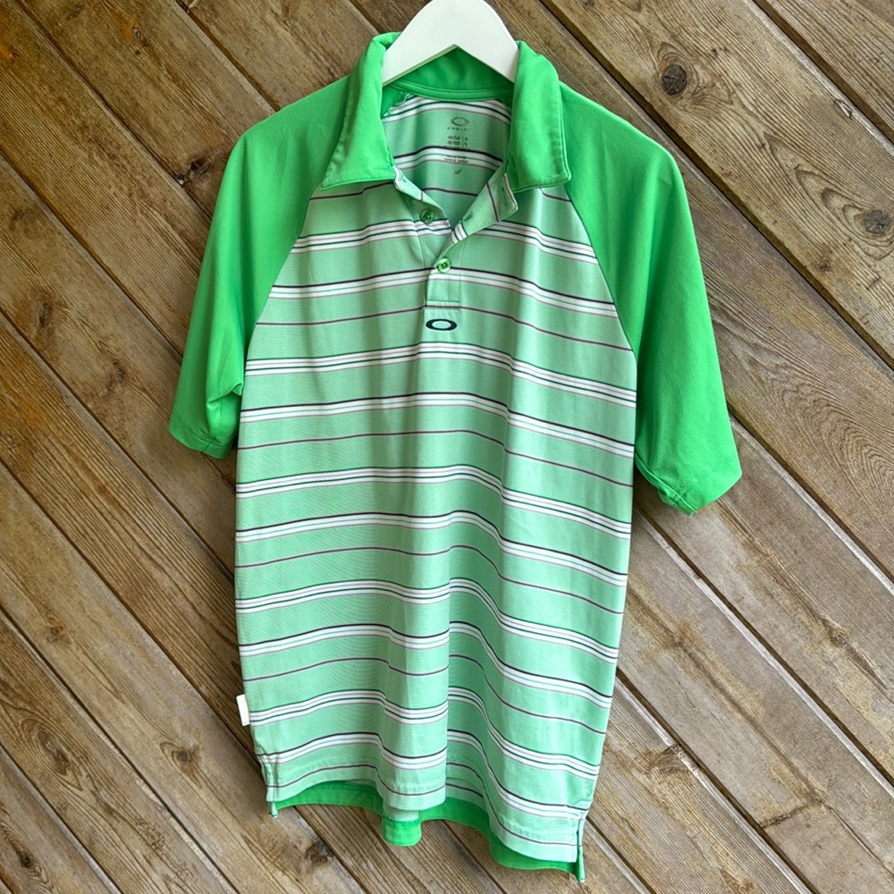 Oakley men’s neon bright green striped golf polo collared shirt size large